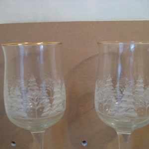 Set of Two Arby's Snowy Trees Wine Glasses, Full Gold Rims, 8 Ounces, 6 3/4 Inches Tall, 1980s Stemware