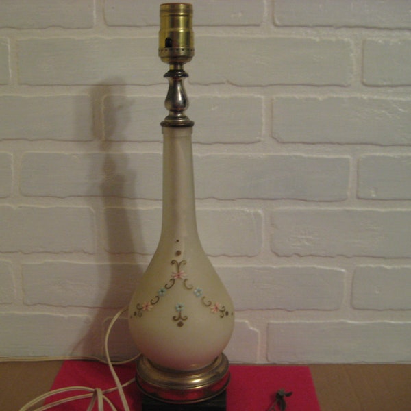 Mid Century Lamp Base, White With Hand Painted Pink & Blue Flowers, Gold Color Metal, Green Leaves, 16 Inches tall
