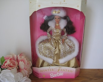 1995 MIB Winter Fantasy Barbie Doll, Vintage Mattel, Brunette Hair, Gold and White Gown