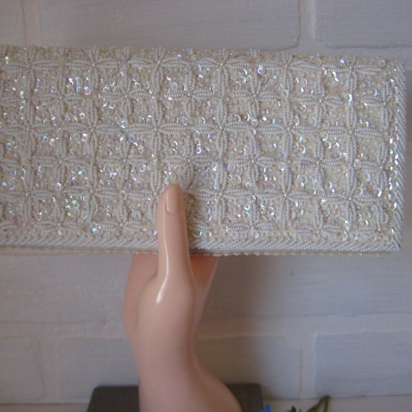 Vintage Off White Beaded Evening Bag Clutch Purse, 10x 5 Inches, Crown Colony Hong Kong Made