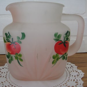 Vintage Pink Frosted Glass Pitcher, 40 Ounces,Red Tomatoes Pattern, 5 3/4 x 4 1/2 Inches