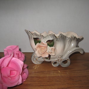 Vintage Flower Cart Planter, Bone China, Gold Edging, Pink Roses, 5 x 7 1/2 Inches, Succulent Planter