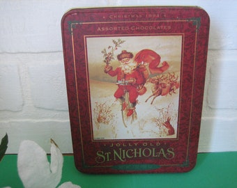 Vintage 1994 Santa Claus Tin, 5 x 6 1/2 Inches, Hallmark Jolly Old Saint Nicholas Storage Can, Christmas Item