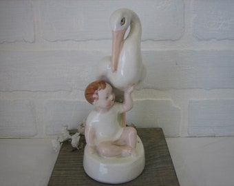 Stork & Infant Figurine, 6 1/2 x 3 1/4 Inches, Marked Royal Dux Czechoslovakia, Engraved Numbers 230 And 39, Vintage Art