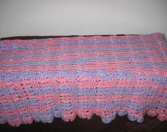 Hand Crocheted Afghan Blanket, Purple & Pink Stripes Blanket Throw, 43 x 36 Inches, Excellent