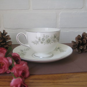 Vintage Wedgwood China Footed Tea Cup & Saucer Set, White With Green Flowers, Raised White Dots