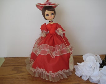 Vintage Big Eyes Cloth Doll, 12 Inches Tall, Red Hoop Dress, Miss Park Avenue