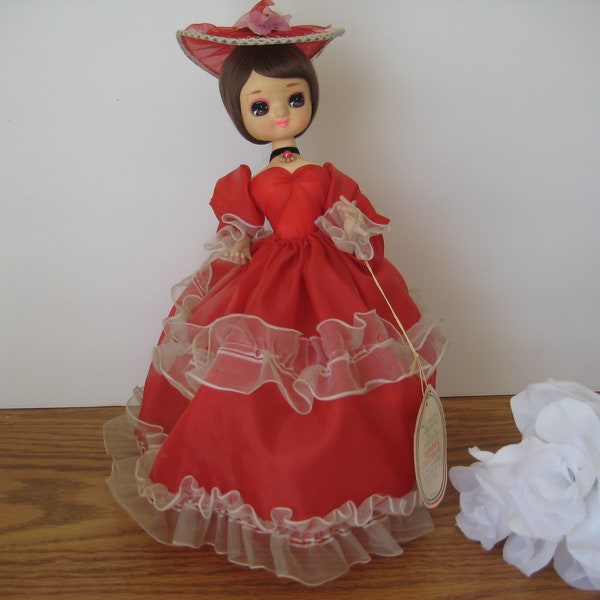 Vintage Big Eyes Cloth Doll, 12 Inches Tall, Red Hoop Dress, Miss Park Avenue