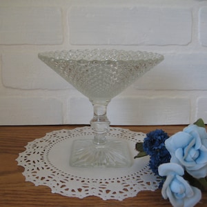 Vintage Crystal Diamond Pointe Pedestal Bowl Compote with Square Base, 4 1/2 x 5 Inches