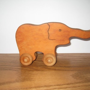 Vintage Wood Elephant, 3 1/4 x 7 Inches, Push Toy, Hand Carved, Wheels