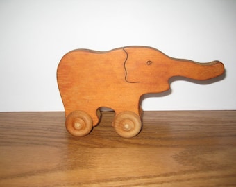 Vintage Wood Elephant, 3 1/4 x 7 Inches, Push Toy, Hand Carved, Wheels