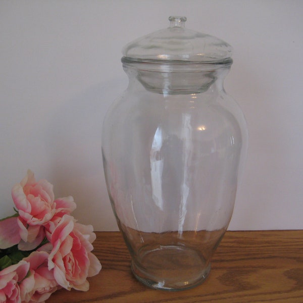 Vintage Urn, Clear Glass Urn Shaped Jar With Lid, 13 1/2 Inches Tall, 21 Inch Circumference At Widest