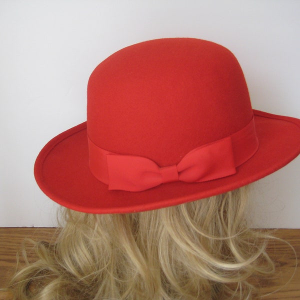 Vintage Woman's Red Wool Hat With Matching Ribbon & Bow, Made In USA, Winter Dress Hats