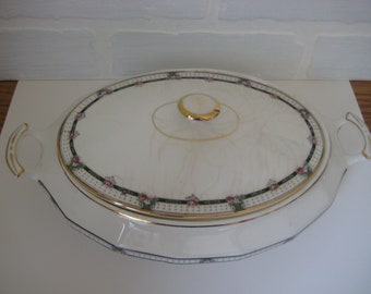 Vintage Knowles Covered Serving Bowl, 11 x 4 1/2 Inches, Vitreous Pink Roses Pattern