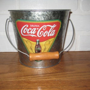 Vintage 2003 Coca Cola Tin Pail Memorabilia, Wood Handle, Plastic Lined