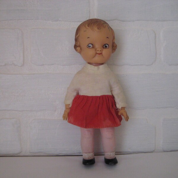 Vintage 1950s Campbell's Kid Girl Doll, Ideal Toys, Soup Advertising Memorabilia, 7 1/2 Inches Tall