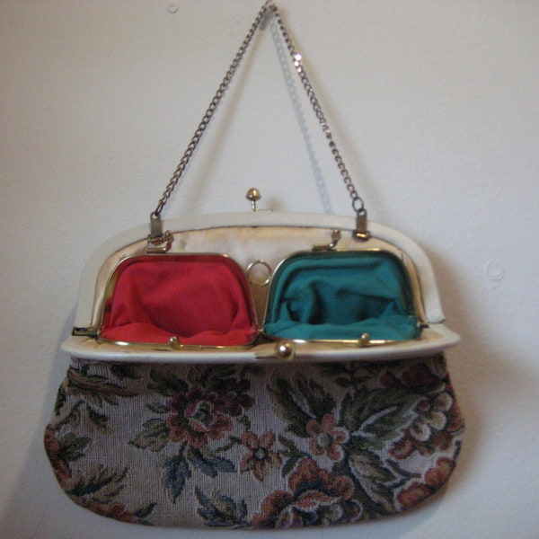 Vintage Tapestry Purse, 9 x 7 Inches, Attached Change Purse & Eyeglass Case, Floral Pattern