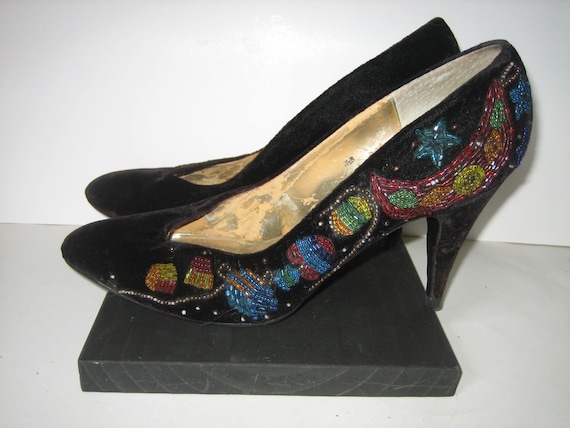 Vintage CAPARROS Black Beaded High Heel Shoes Size 8 1/2 3 - Etsy Canada