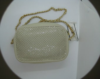 Whiting & Davis Beige Mesh Shoulderbag Purse, Goldtone Hardware, New Old Stock, 8 x 4 1/2 Inches