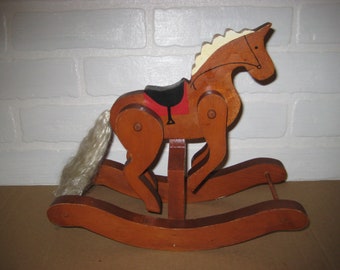 Vintage Articulated Wood Rocking Horse, 11 3/4 x 10 Inches, Fabric Tail, Hand Painted, Martin Tennessee Souvenir Of Jim's Piddlin' Shop