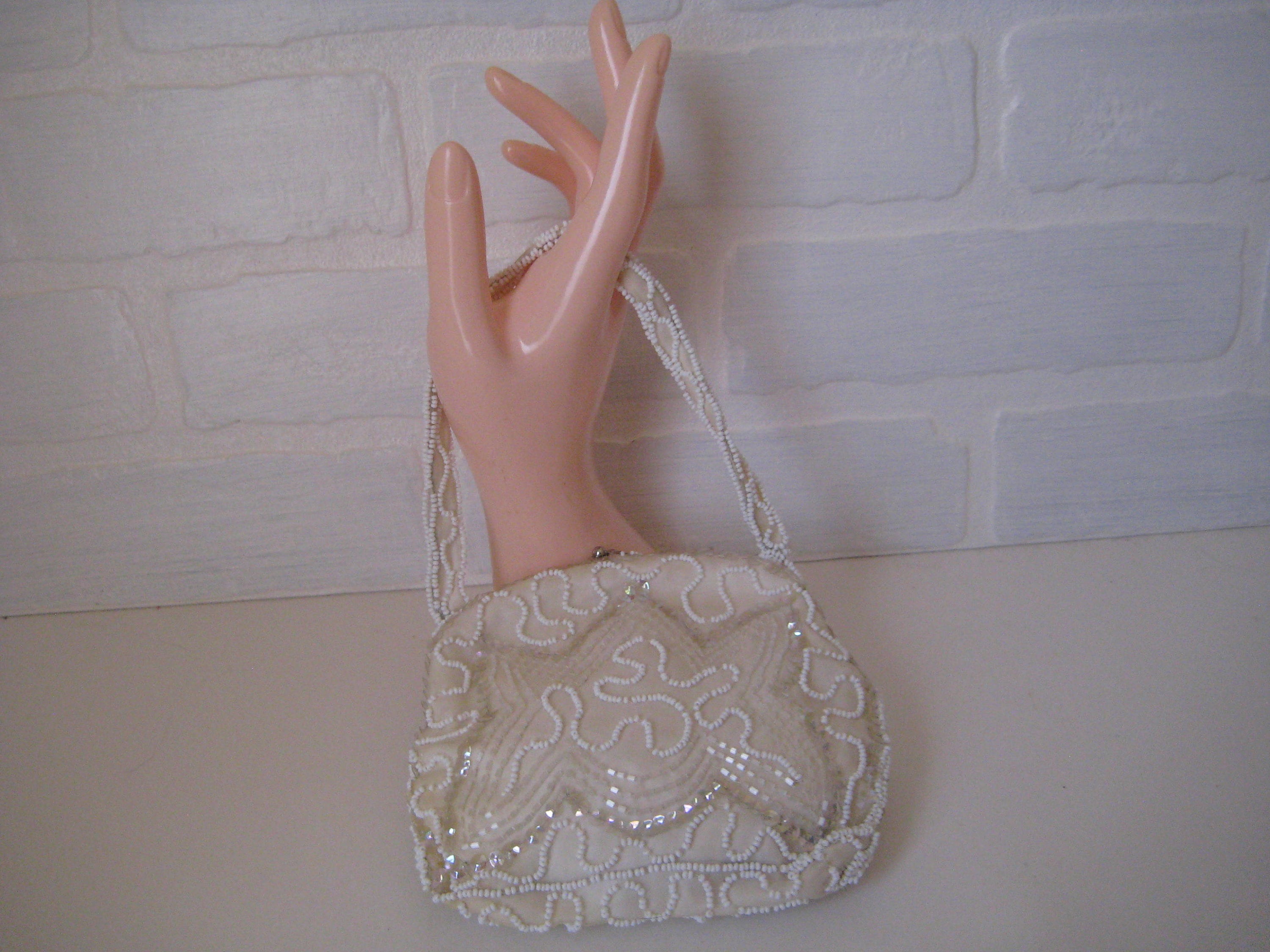 Antique Delicate Hand Beaded Purse Made in France Walborg White Floral  Handbag