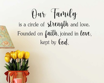 Our family is a circle of strength 22 x 11 Vinyl wall quote decal faith sticker decor art cute heart religious kitchen front entrance