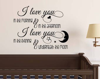 I Love you in the morning and in the afternoon calligraphy wall sticker vinyl decor art cute heart nursery