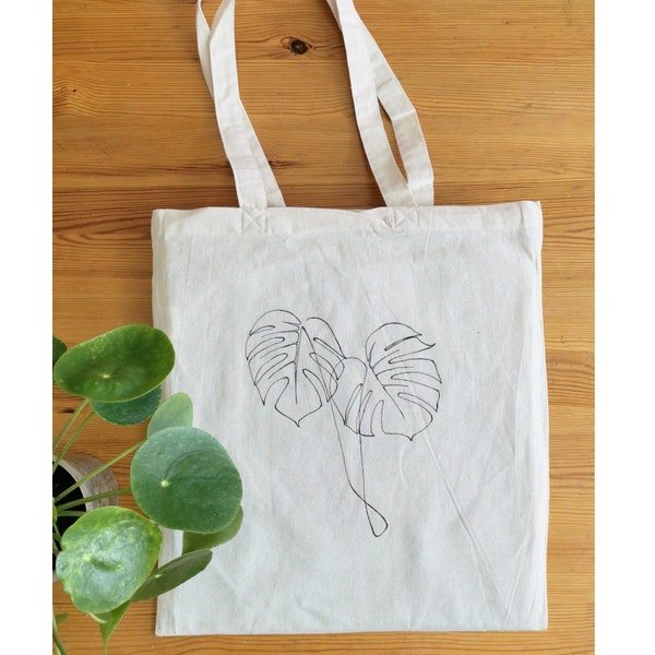 Monstera Leaf, Stofftasche Baumwolle, Jutebeutel, Tote Bag, Palmenblätter, One line, minimalist