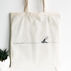 Personalized jute bag, tote bag, wave, lake, sea love, desired text gift idea