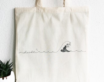 Personalized jute bag, tote bag, wave, lake, sea love, desired text gift idea