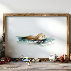 Nutria de acuarela de impresión de arte ? nutria bebé nadando | Murales A4 | Cartel de nutrias | Habitación infantil con arte de nutria.