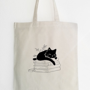 cat Sleeping on Books jute bag, cotton jute bag, black cat tote bag, cat and book bag