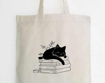 cat Sleeping on Books Jutebeutel, Jutetasche Baumwolle, Tote bag black cat, Katze und Buch Tasche