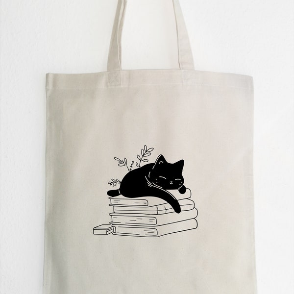 cat Sleeping on Books Jutebeutel, Jutetasche Baumwolle, Tote bag black cat, Katze und Buch Tasche