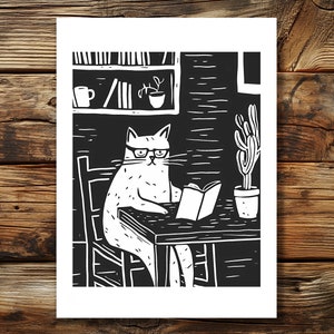 Impression d’art Linocut carte postale chat | Amour de livre de lecture de chat | Carte postale A6 | Livres Chers amoureux des chats