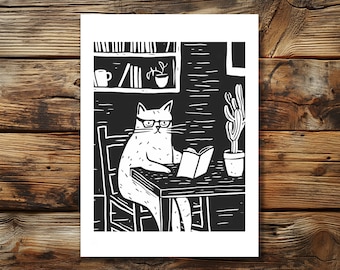 Carte postale d'art gravée sur lino représentant un chat | Chat qui adore lire | Format A6 | Livres, amour, amoureux des chats