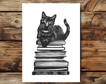 Carte postale d'art gravée sur lino représentant un chat | Chat qui adore lire | Format A6 | Livres, amour, amoureux des chats