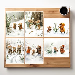 Lot de 6 cartes d'art aquarelles de fleurs de printemps | Souris en peluche perce-neige, affiche d'art mural de carte postale imprimée A6/A5/A4