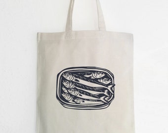 Sardine Tin Jute Bag, Sardine Fish Fabric Bag, Cotton Jute Bag, Sardine Tin Bag, Linocut Art Print