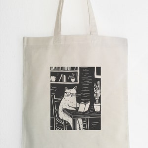 cat reading books jute bag, cotton jute bag, black cat tote bag, cat and book bag, linocut print