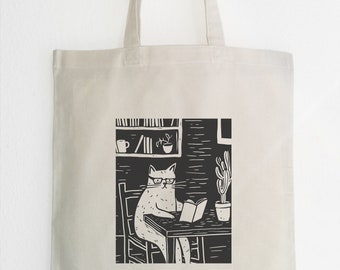 cat reading books jute bag, cotton jute bag, black cat tote bag, cat and book bag, linocut print