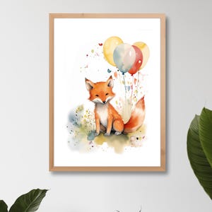 Póster de zorro con globos – Impresión artística de acuarela |  Arte de pared para habitación de niños | Pintura de acuarela | Postal con póster de zorro en tamaño A4/A5/A6