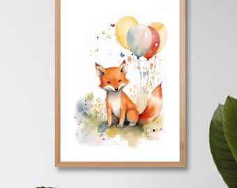 Fuchs Poster mit Luftballons – Aquarell Kunstdruck |  Kinderzimmer Wandkunst | Watercolor Painting | Fuchs Poster Postkarte A4/A5/A6