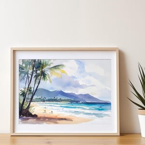 Aquarelle Plage Tropicale – Fichier numérique à télécharger, Affiche et Carte Postale Hawaïennes au format A4, A5 et A6