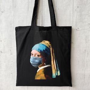 Schwarz Jutebeutel, Vermeer Jutebag, Totebag, Baumwolle Kunst Tasche, Girl with a Pearl Earring (Vermeer)  Face Mask