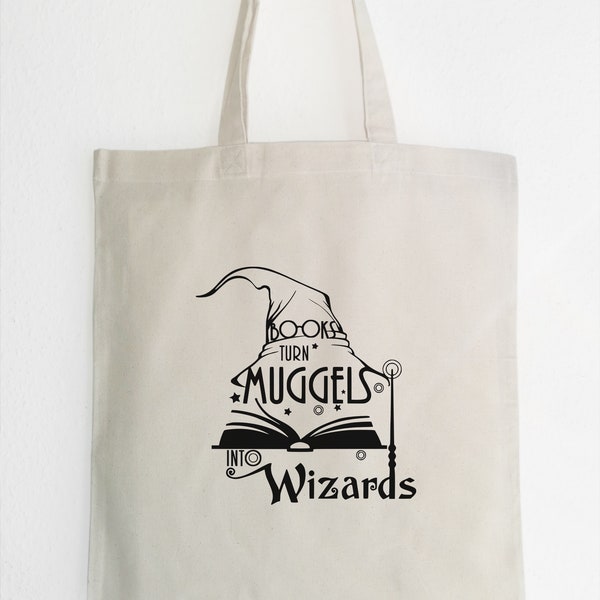Spruch Jutebeutel, Tote Bag, Book turn Muggels into Wizards, Line Art Illustration, minimalist