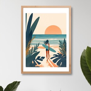 Surferin bei Sonnenuntergang – Tropisches Wandbild, Strand Poster, Boho Surf Kunst Poster & Postkarte in A4 A5 A6
