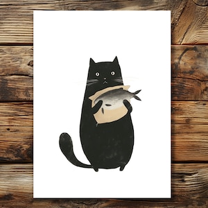 Chats et poissons de carte postale d’impression d’art | Un chat tient du poisson dans ses pattes | Carte postale A6 | L'amour des chats a | Affiche poisson chat