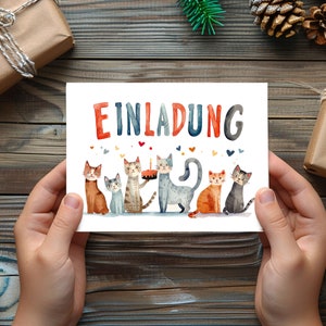 Kindergeburtstag Einladungskarten Katzen | Aquarell Katzen Karte | Happy Birthday | Kindergeburtstag Party Karte | Grußkarten Karten