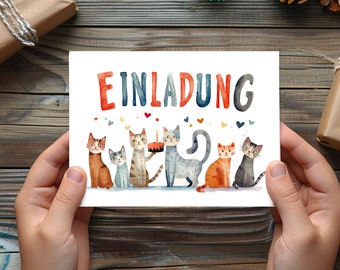 Cartes d'invitation anniversaire enfant chats | Carte Chat Aquarelle | Joyeux anniversaire | Carte d'anniversaire pour enfants | Cartes de vœux